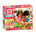 Embalagem do conjunto de plasticina Tutti Frutti Jurassic Era com crianças a brincar.