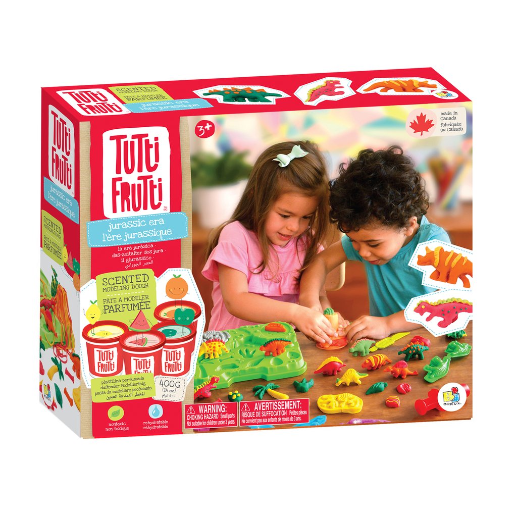 Embalagem do conjunto de plasticina Tutti Frutti Jurassic Era com crianças a brincar.