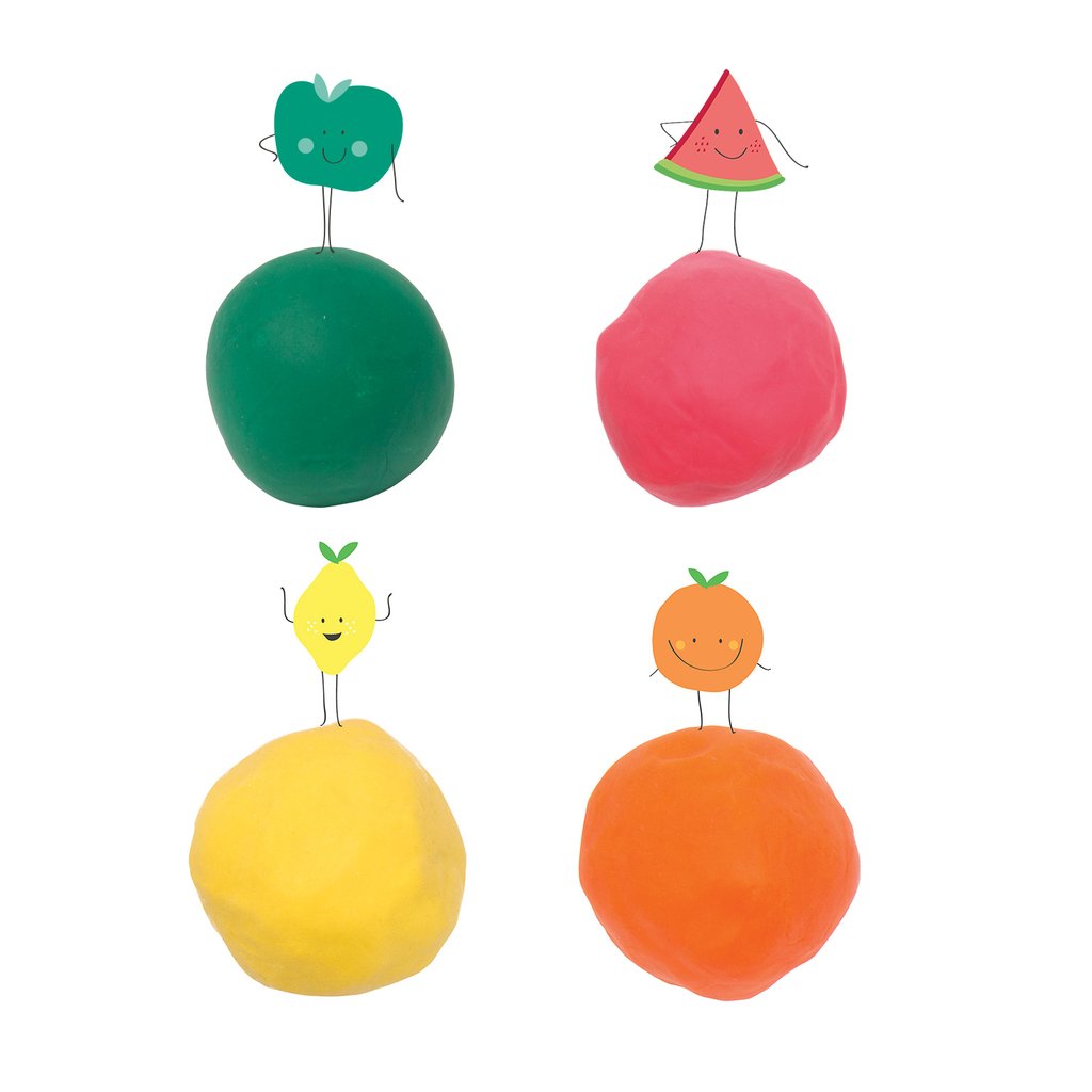 Quatro potes de plasticina Tutti Frutti com ilustrações de frutas.