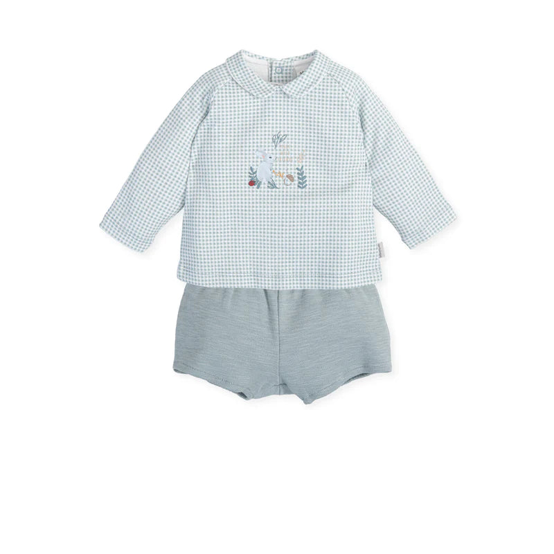 Conjunto de duas peças Tutto Piccolo: camisola verde com padrão vichy e calções lisos, em destaque sobre fundo neutro.