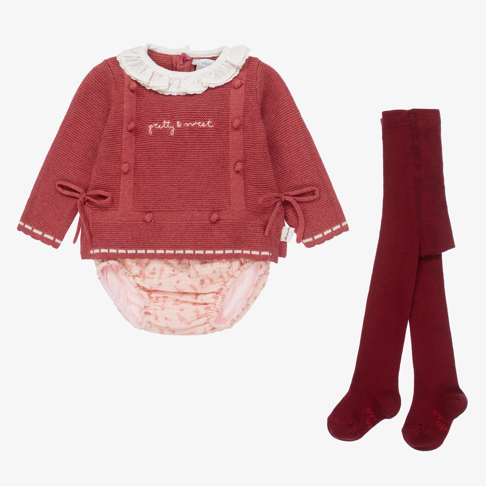 Vista frontal do conjunto de 3 peças Tutto Piccolo: camisola de malha com bolinhas e slogan, calções estampados com gansos e collants.