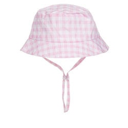 Chapéu Tutto Piccolo Panamá rosa claro xadrez, com aba larga e barbatanha. Ideal para proteger bebés do sol.