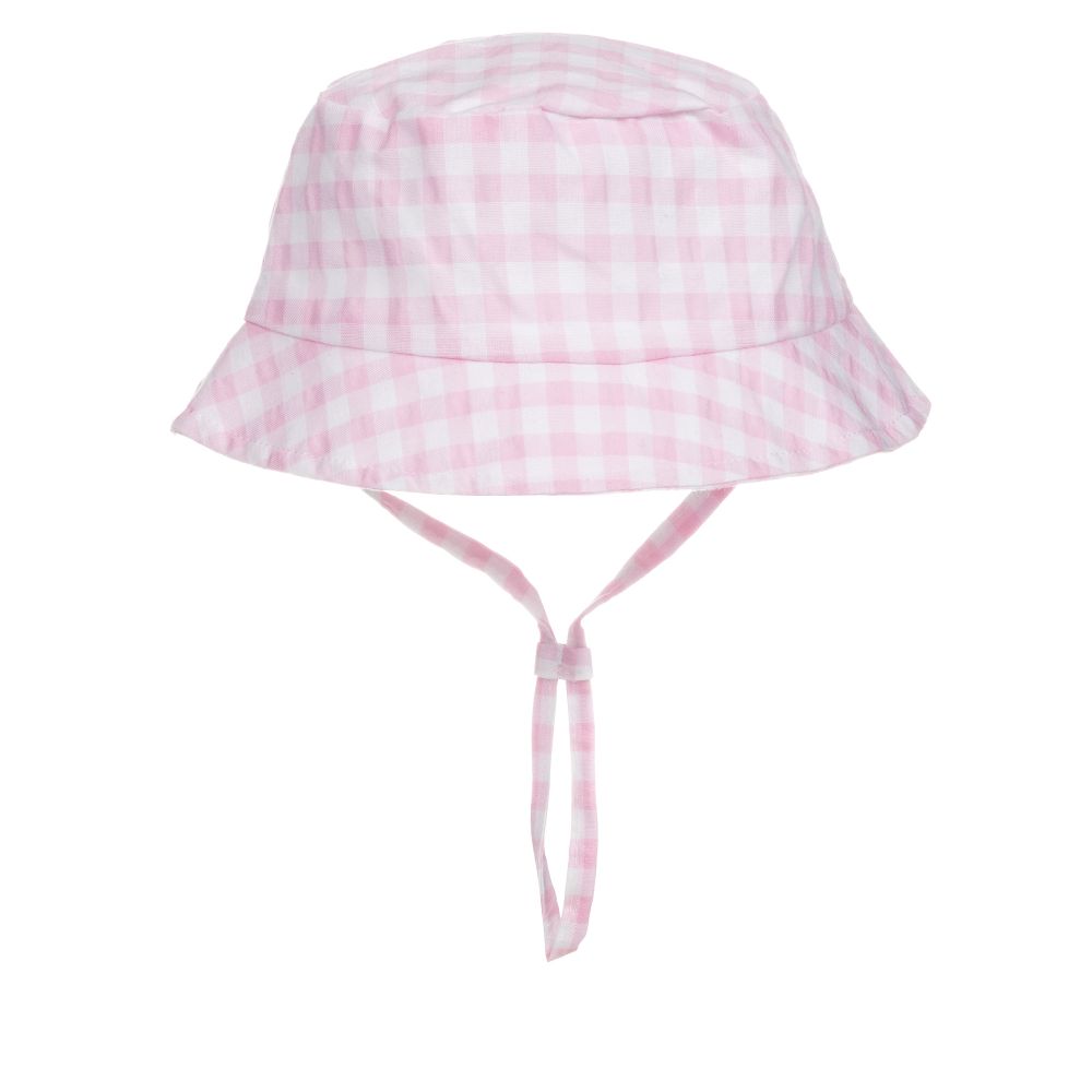 Chapéu Tutto Piccolo Panamá rosa claro xadrez, com aba larga e barbatanha. Ideal para proteger bebés do sol.