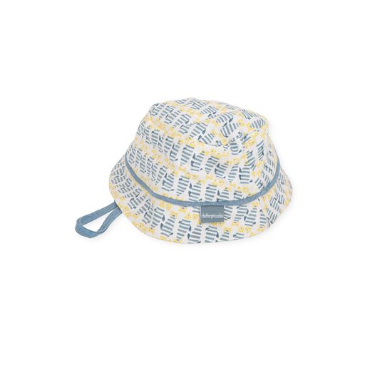 Chapéu Tutto Piccolo Panamá com padrão de ursinhos azul e amarelo, aba larga e barbatanha. Proteção solar para bebés.