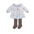 Conjunto Tutto Piccolo: Vestido azul em viscose com estampa de barco mágica e collants castanhos tricotados.