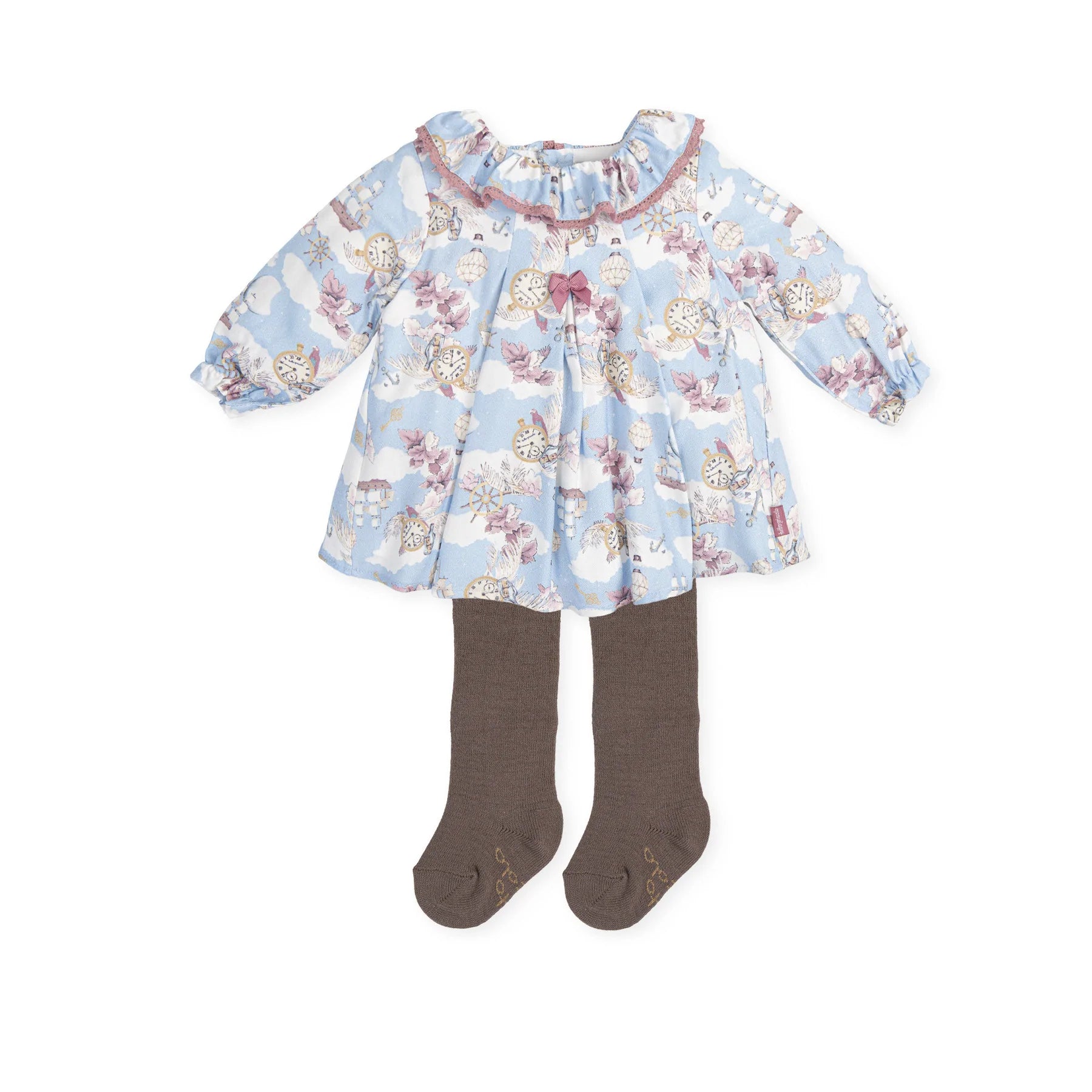 Conjunto Tutto Piccolo: Vestido azul em viscose com estampa de barco mágica e collants castanhos tricotados.
