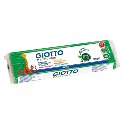 Embalagem da plasticina Giotto Patplume 350g, mostrando a barra de massa de modelar macia e vegetal, ideal para crianças.