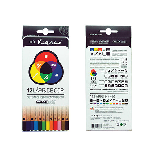 Caixa de 12 lápis de cor Viarco Coloradd para daltónicos, exibindo os lápis com os símbolos gráficos de identificação de cor.
