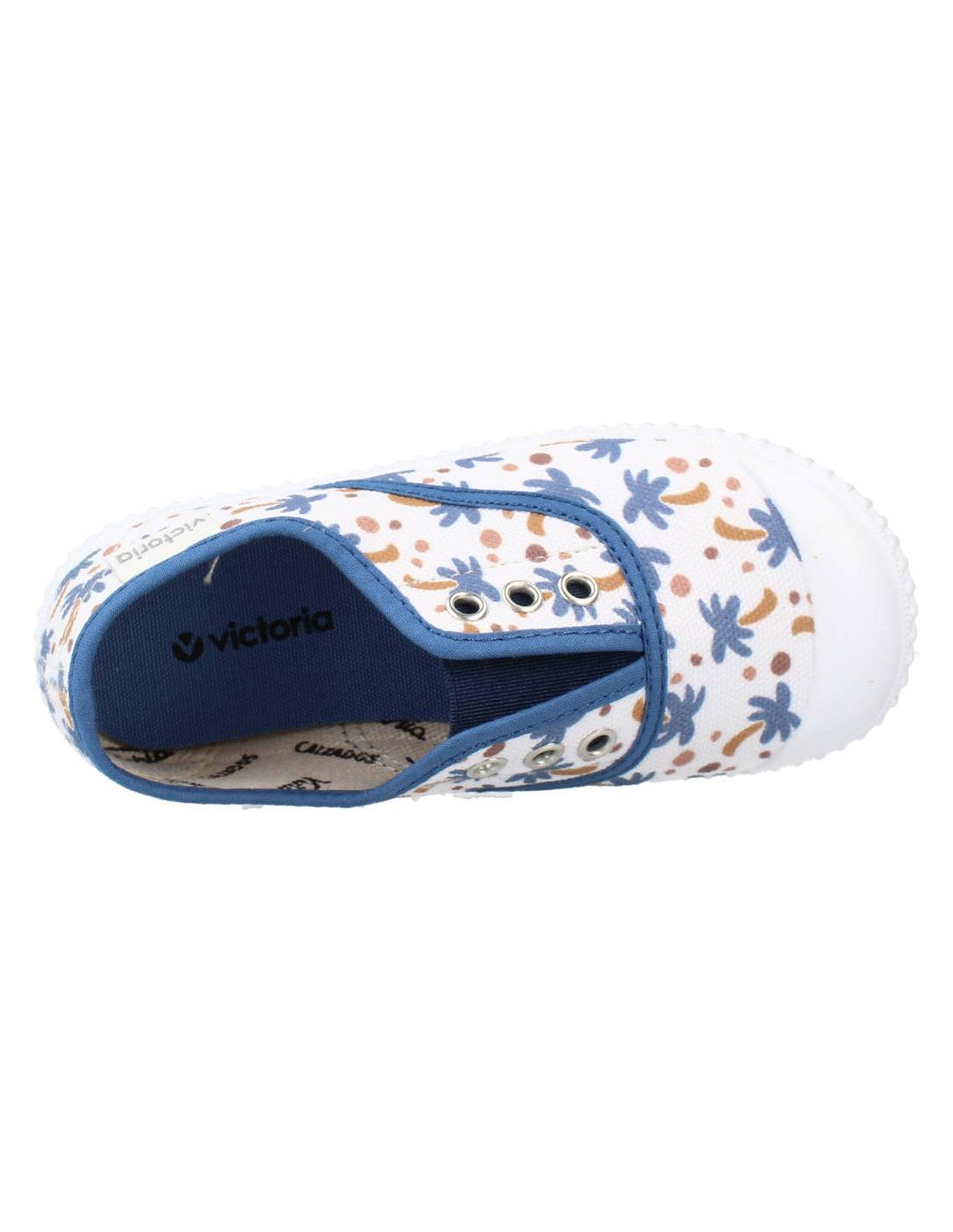 Sapato Victoria com estampado de palmeiras jeans visto de cima, mostrando interior.