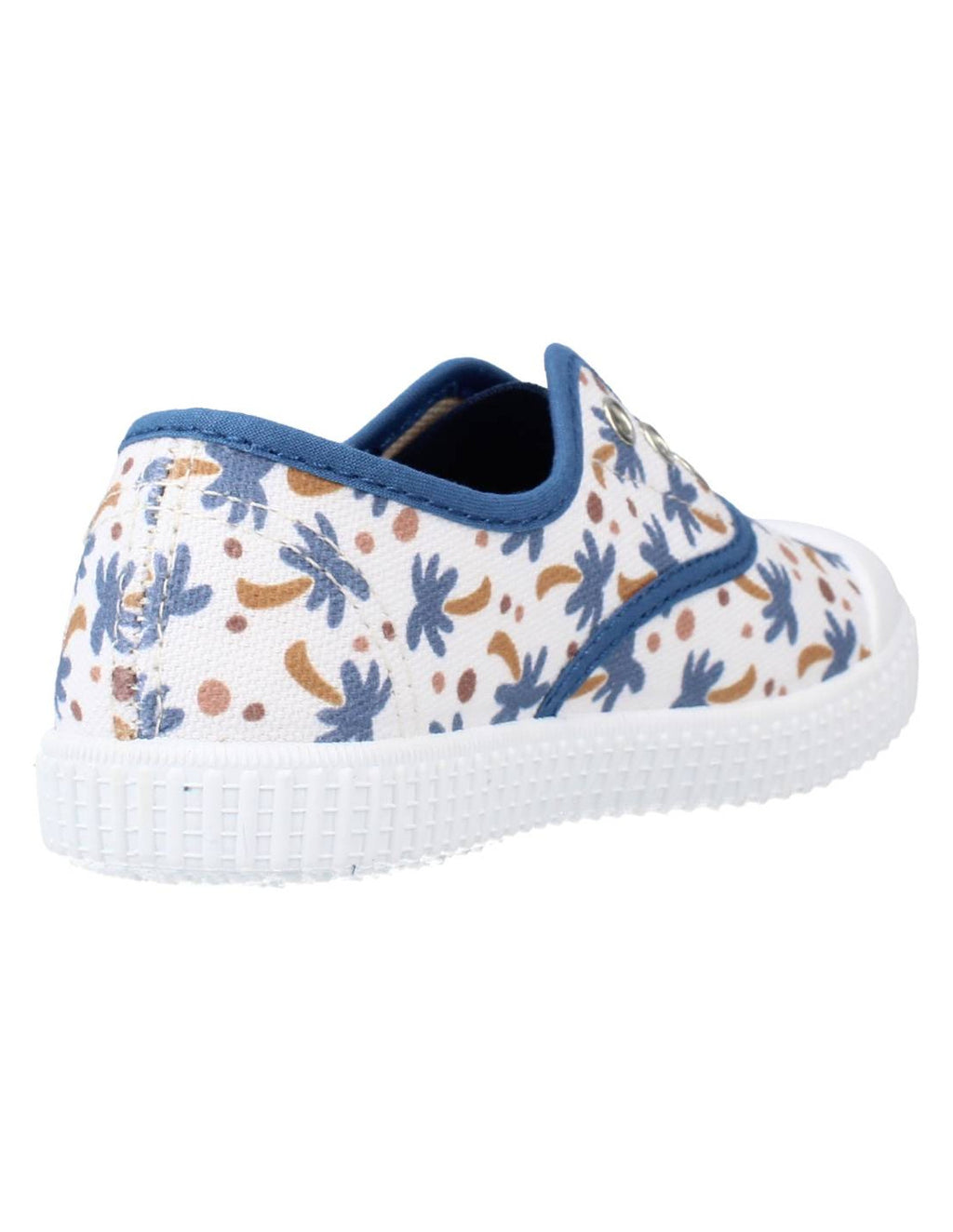 Sapato Victoria com estampado de palmeiras jeans visto de trás.