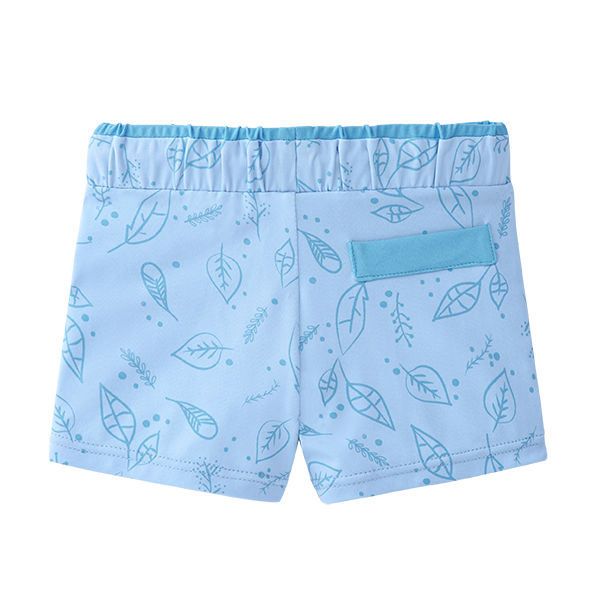 Vista traseira do boxer de praia Waterlemon azul com padrão de folhas, mostrando o cós elástico e um pequeno bolso de debrum falso na parte de trás.