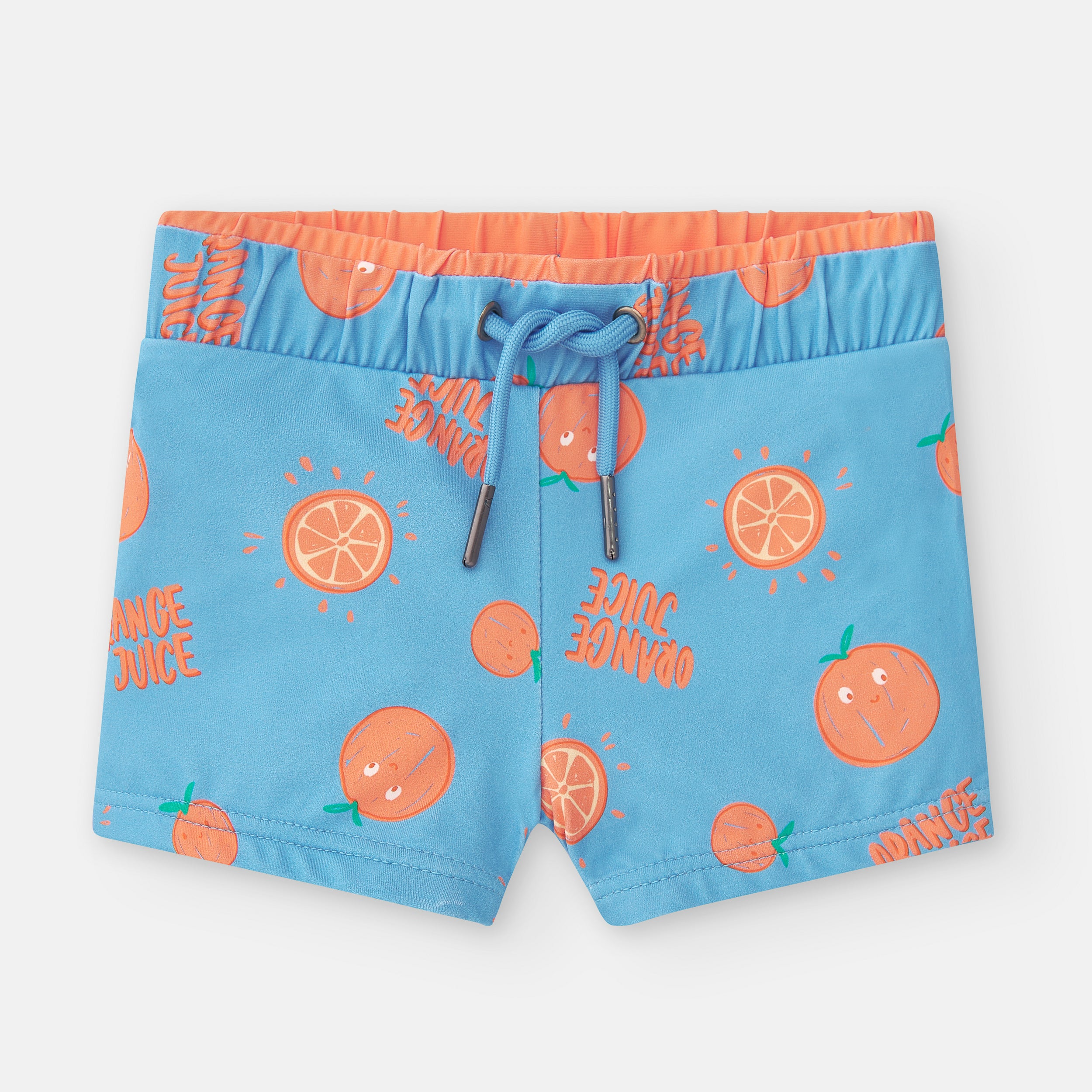 Calção de lycra Waterlemon azul com padrão vibrante de laranjas, cintura elástica e cordão para menino.