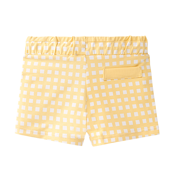 Vista traseira do calção de praia Waterlemon, mostrando o cós elástico e o bolso de debrum falso na zona lombar.