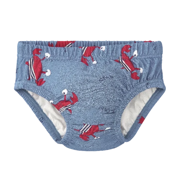 Cueca/fralda de praia Waterlemon azul com padrão de caranguejos vermelhos em destaque, vista frontal.