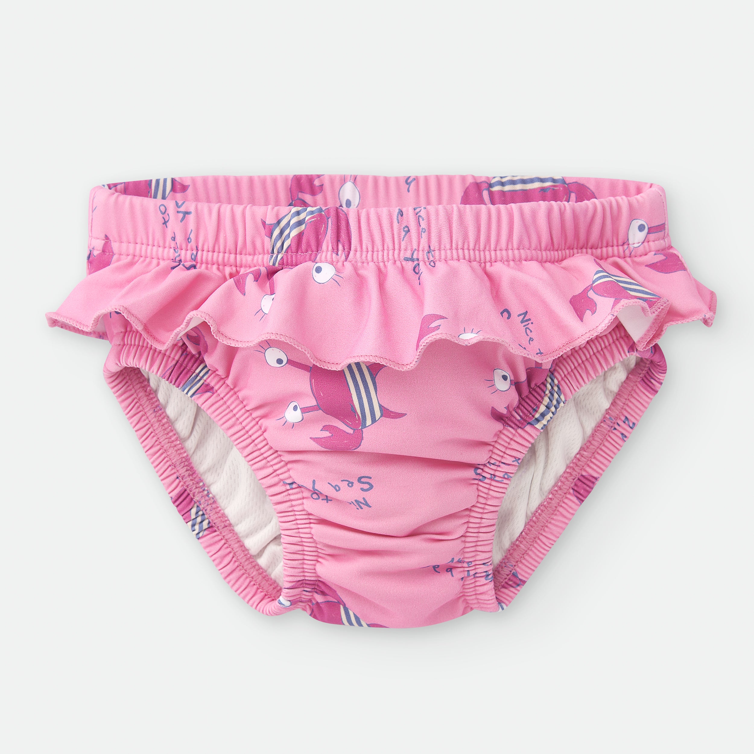 Fralda de praia Waterlemon cor de rosa com padrão de caranguejos e folhos na zona da anca, vista frontal.