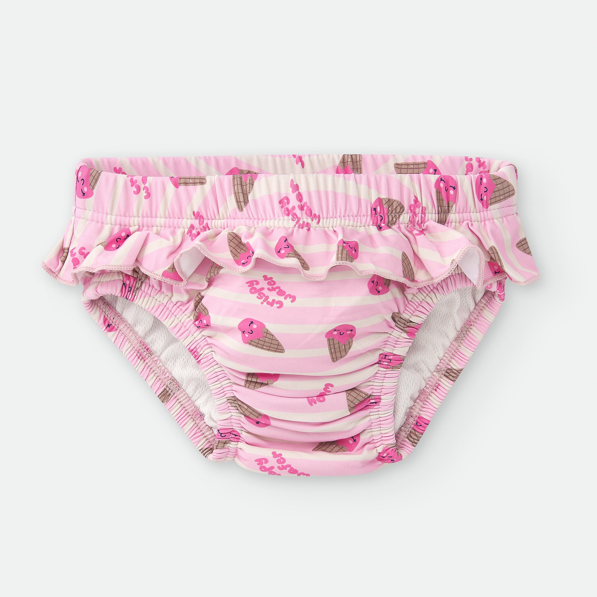 Cueca de praia Waterlemon rosa com riscas brancas e padrão de gelados sorridentes, com folho na parte de trás.