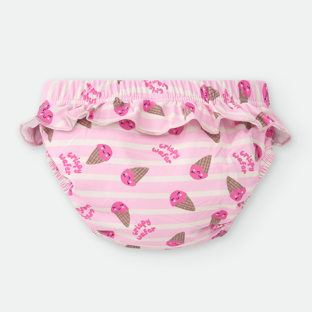 Vista traseira da cueca de banho Waterlemon rosa, mostrando o padrão de gelados e o elástico nas pernas e cintura.