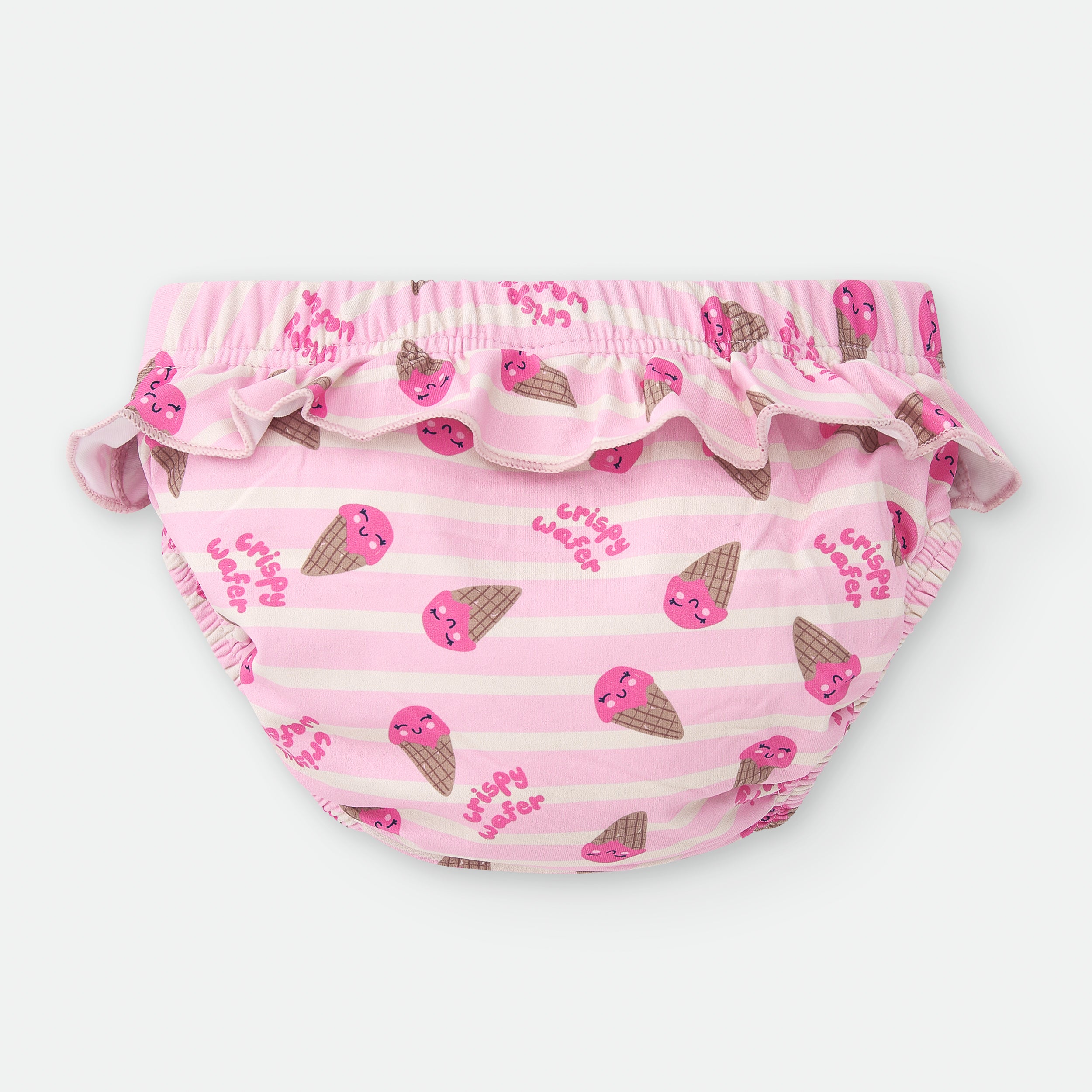 Vista traseira da cueca de banho Waterlemon rosa, mostrando o padrão de gelados e o elástico nas pernas e cintura.