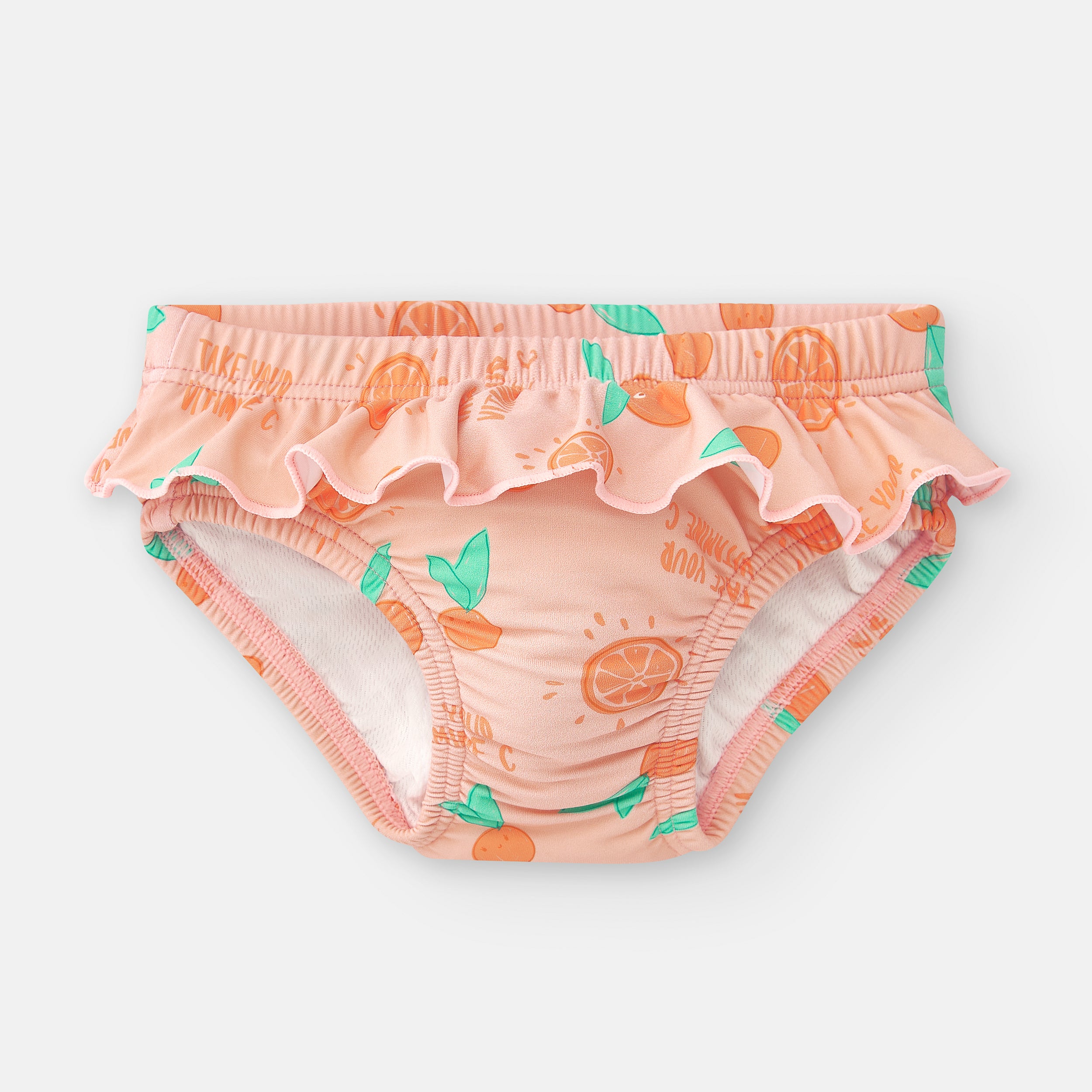 Cueca de praia infantil Waterlemon com padrão de laranjas vibrantes e folhos na cintura, vista frontal.