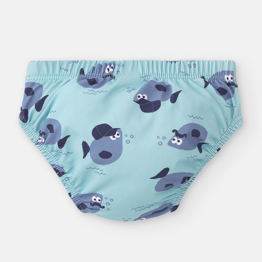 Detalhe do elástico da cintura e das pernas da cueca de natação Waterlemon, garantindo um ajuste seguro para bebés.