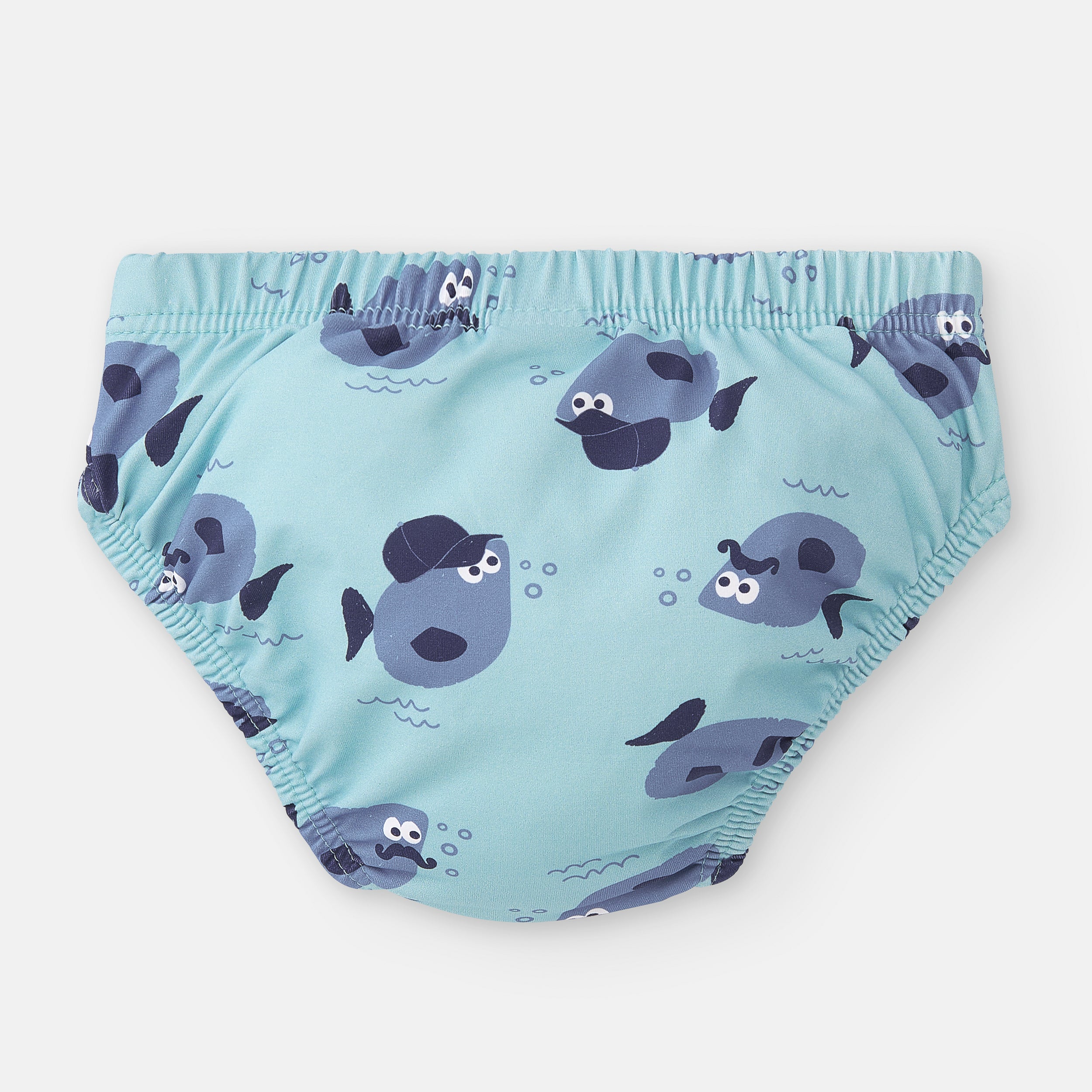 Detalhe do elástico da cintura e das pernas da cueca de natação Waterlemon, garantindo um ajuste seguro para bebés.