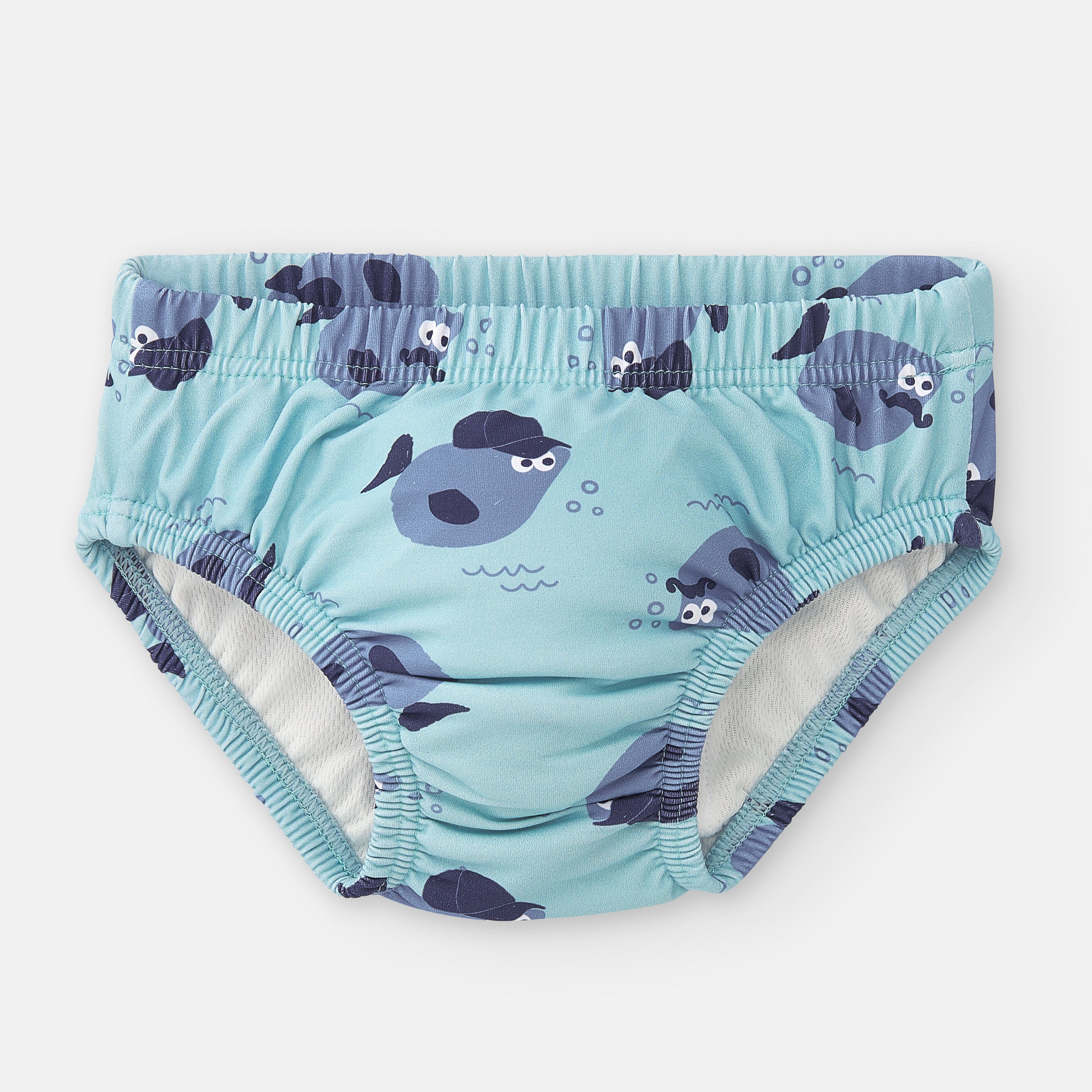 Vista frontal da cueca de natação reutilizável Waterlemon "Piscina Peixes", azul clara com padrão de peixes coloridos.