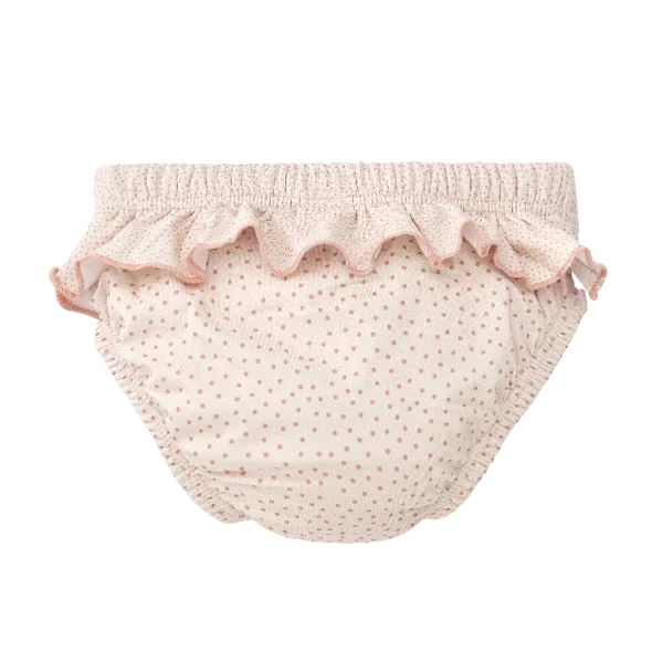 Vista traseira da cueca/fralda de praia Waterlemon rosa a bolinhas, evidenciando o elástico seguro nas pernas e o folho na zona das nádegas.