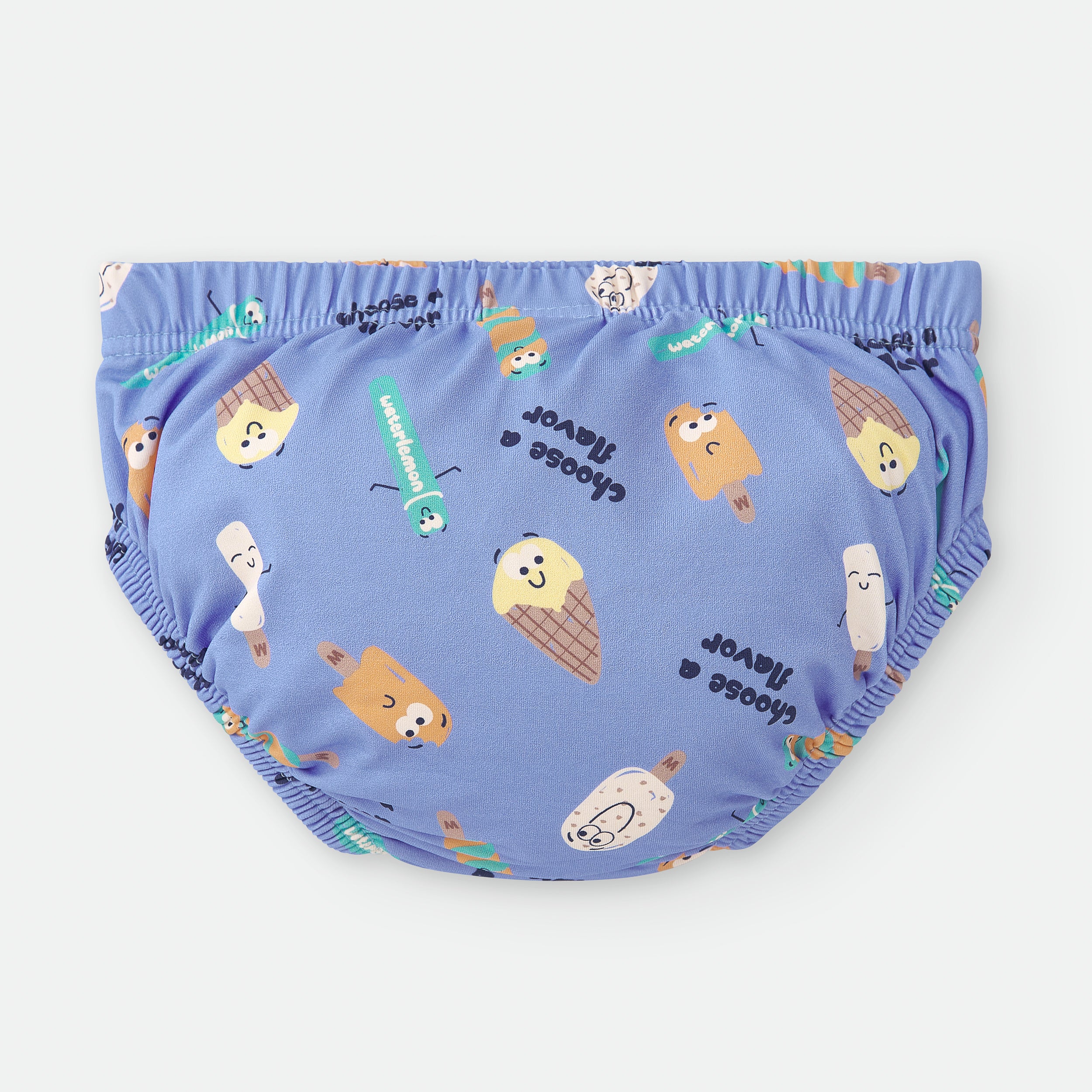 Detalhe da etiqueta interior da cueca de praia Waterlemon, mostrando a composição do tecido e instruções de lavagem a 30ºC.