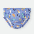 Focagem na parte frontal da cueca/fralda de praia Waterlemon azul com padrão de gelados coloridos e texto "choose a flavor". Elásticos visíveis.