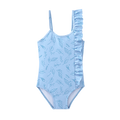 Fato de banho Waterlemon azul para menina com estampado de folhas, decote redondo e detalhe de folho na frente.