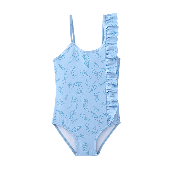 Fato de banho Waterlemon azul para menina com estampado de folhas, decote redondo e detalhe de folho na frente.