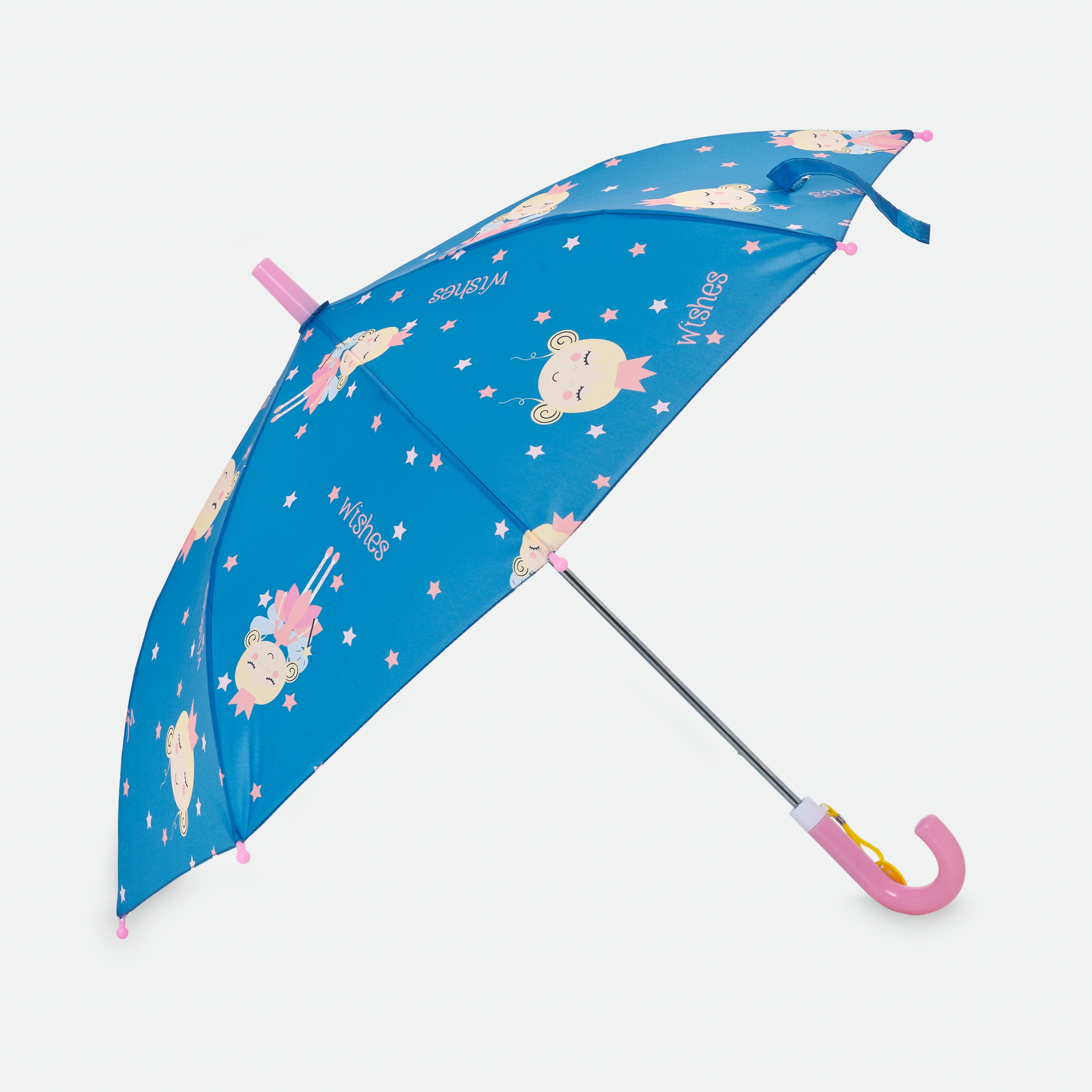 Guarda-chuva infantil Waterlemon Fadas aberto, azul com padrão de fadas e estrelas, visto de frente, pronto a usar.
