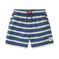 Calção de praia Waterlemon azul e branco com riscas, vista frontal, mostrando cintura elástica e cordão vermelho.