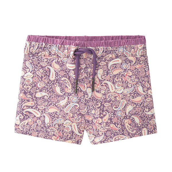 Boxer de praia Waterlemon para menino, cor roxa com padrão paisley colorido, cós elástico e cordão roxo.