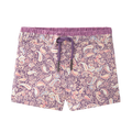 Boxer de praia Waterlemon para menino, cor roxa com padrão paisley colorido, cós elástico e cordão roxo.