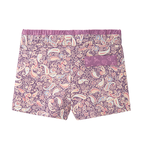 Vista traseira do boxer de praia Waterlemon, mostrando o padrão paisley e um pequeno bolso decorativo roxo na zona lombar direita.
