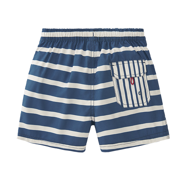 Vista traseira dos calções de banho masculinos Waterlemon, mostrando um bolso com pala e fecho de velcro no lado direito, mantendo o padrão de riscas.