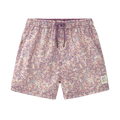 Calção de praia Waterlemon roxo com padrão Paisley, cintura elástica e cordões ajustáveis em primeiro plano.
