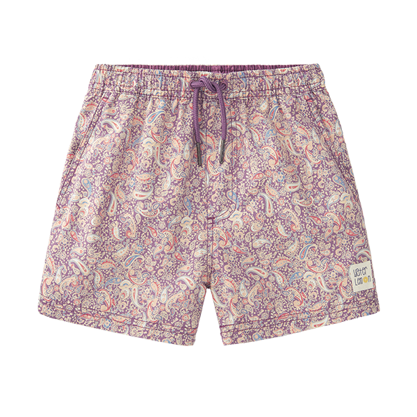 Calção de praia Waterlemon roxo com padrão Paisley, cintura elástica e cordões ajustáveis em primeiro plano.