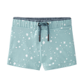 Calção de praia Waterlemon para menino, azul com estrelas brancas, cós elástico e atacadores frontais para ajuste.