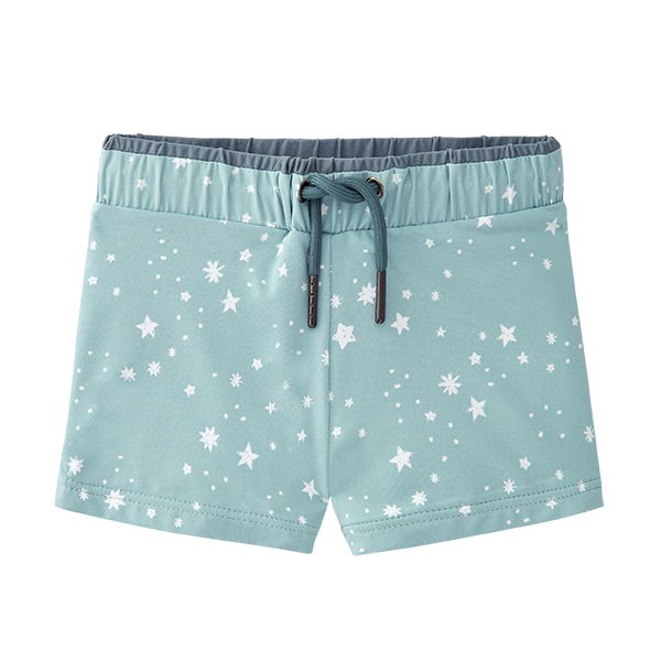 Calção de praia Waterlemon para menino, azul com estrelas brancas, cós elástico e atacadores frontais para ajuste.