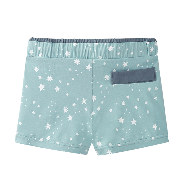 Vista traseira do calção boxer Waterlemon azul com estrelas, mostrando cós elástico e bolso falso cinzento.