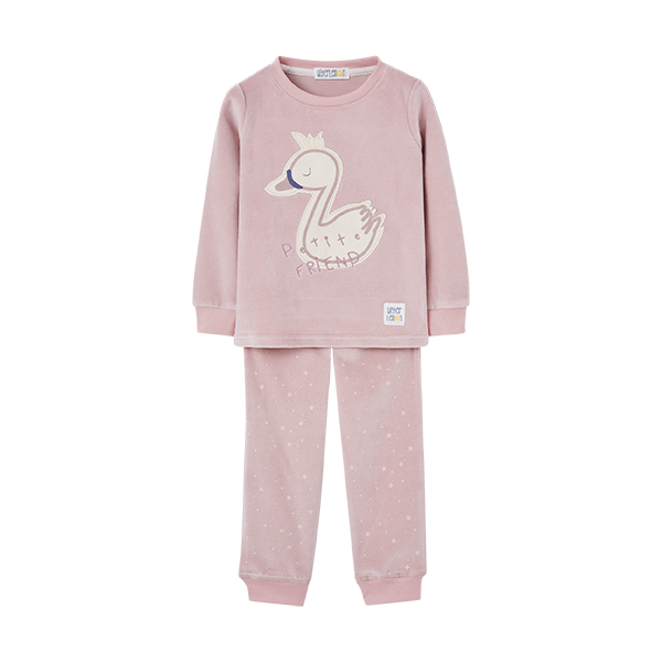 Pijama de duas peças Waterlemon para menina, cor rosa suave, com camisola de manga comprida e bordado de cisne.