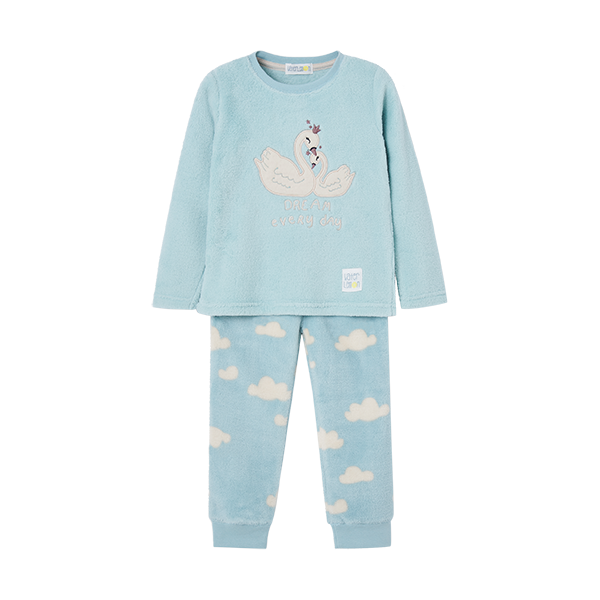 Pijama polar Waterlemon de duas peças, turquesa, com camisola de gola redonda e bordado de cisne na frente.