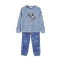 Pijama polar Waterlemon de duas peças para criança, camisola crua com bordado de guaxinim e calças azuis estampadas.