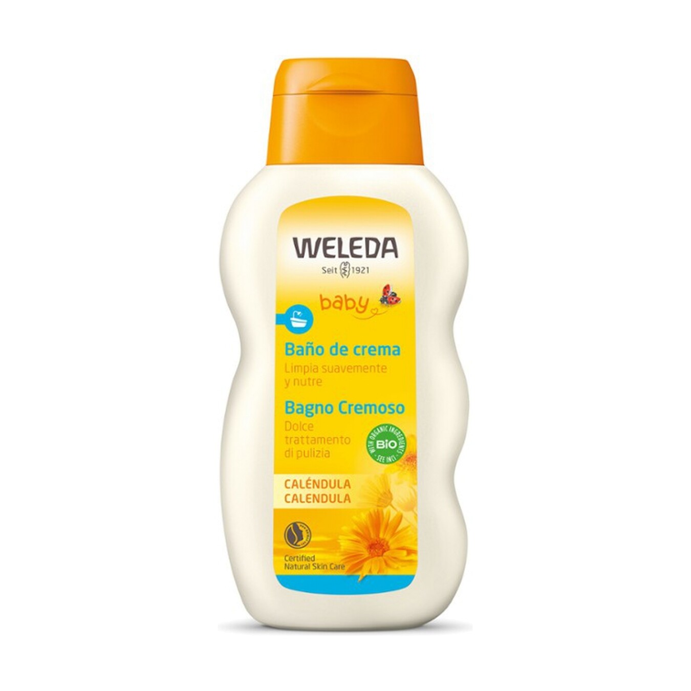 Frasco do Banho de Creme de Calêndula Weleda Baby, ideal para a higiene suave e nutritiva do bebé.