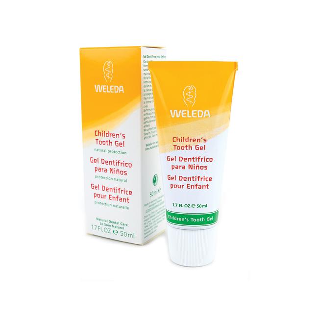 Embalagem e bisnaga de Weleda Kids Gel Dental Infantil, pasta de dentes natural com calêndula para crianças.