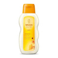 Frasco de Leite Corporal de Calêndula Weleda 200ml para bebé, com destaque para o logo Weleda e a flor de calêndula.