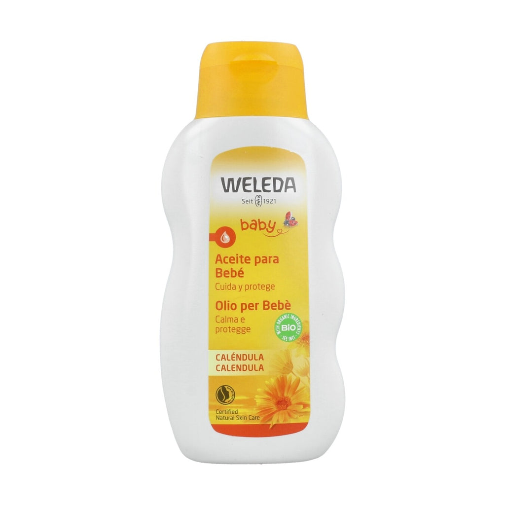Frasco do Óleo de Calêndula Weleda Baby, destacando os ingredientes orgânicos e os benefícios para a pele do bebé.