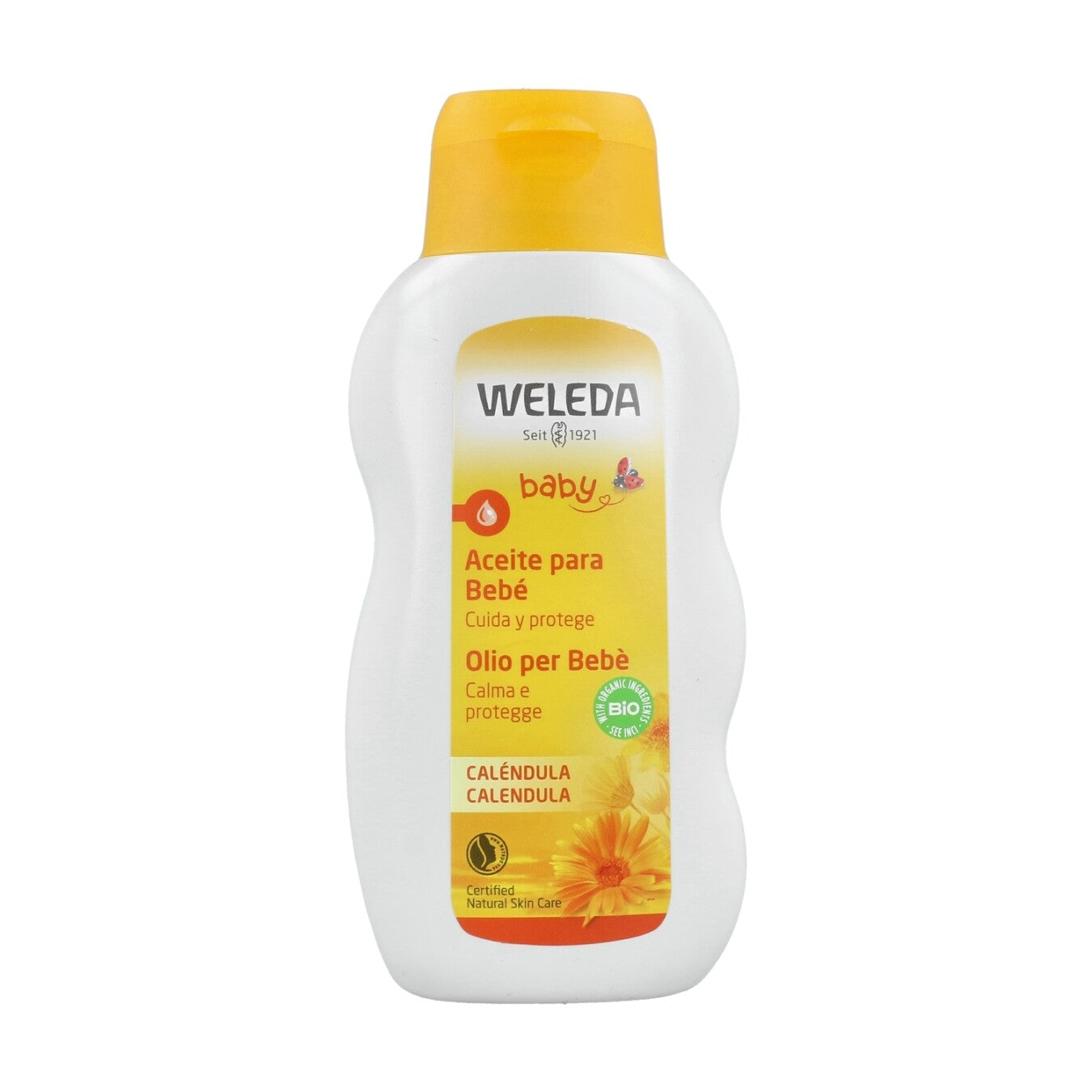 Frasco do Óleo de Calêndula Weleda Baby, destacando os ingredientes orgânicos e os benefícios para a pele do bebé.